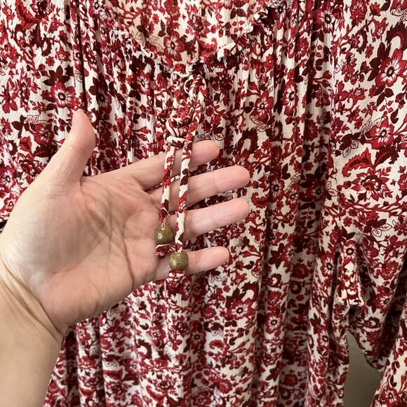 I.N. Studio Red Floral Cottage Boho Flare Sleeve Cinch Waist Top Womens Size 3X - Picture 3 of 11
